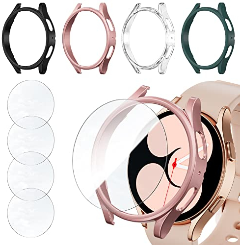 [4+4] Stück Haojavo Hülle Schutzfolie Combo für Galaxy Watch 4 Watch 5 44mm, Wasserdicht Schutzhülle Bumper Schutz Hülle+ HD Gehärtete Displayschutz Kombination Zubehör für Samsung 44 mm Watch4 Watch5