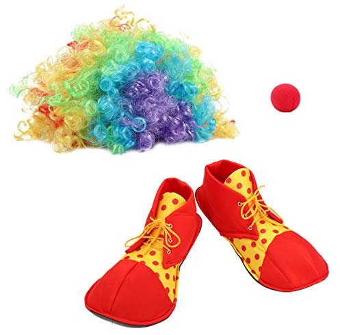 Sewroro Clown Perücke Set Red Clown Nase Clown Schuhe Halloween Cosplay Clown Kostüm für Männer Frauen Fancy Funny Perücken (Zufällige Farbe Der Schuhe)