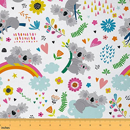 Koala Stoff für Kinder Meterware süße Safari Tiere Polsterstoff für Jungen Mädchen Blumen Schmetterling Dekostoff Cartoon Regenbogen Quilten Nähen Geschenk DIY Basteln Patchwork 92 x 150 (HxB)