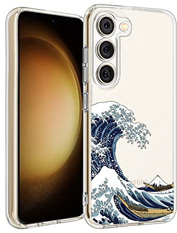 Unov Case Compatible with Galaxy S23 Case Clear with Design Soft TPU Shock Absorption Slim Embossed Pattern Protective 6.1 inch (Great Wave)