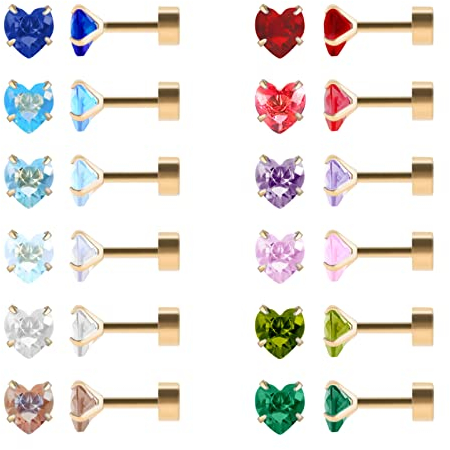 12 Paare flache Rückseite chirurgischen Edelstahl Ohrstecker, Schraube zurück Herz Stern Quadrat Teardrop vergoldet CZ Birthstone Ohrstecker Set Gold Herz 3mm
