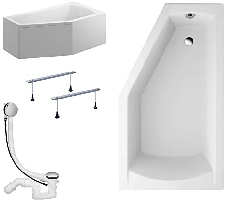 KOLMAN Badewanne SELENA Eckbadewanne 150x90 Rechts mit AcrylSchürze, Ablaufgarnitur und Füßen Komplettset 4in1 Premium Original Acryl Wanne Siphon