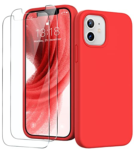 GOODVISH 3 in 1 für iPhone 12 Mini Hülle mit 2 Stück Schutzfolie, HochwertigesLiquid Silikon Rundumschutz Handyhülle, mit Weichem Mikrofaser Innenfutter Stoßfestes Schutzhülle, Rot