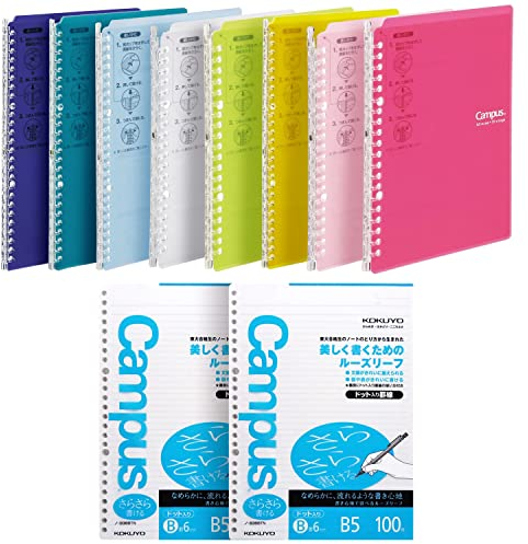 Kokuyo Campus Smart Ringbücher, 8 Stück, B5 Notizbücher, 25 Blatt Kapazität, 26 Löcher, schmaler Ordner und 200 Blatt Loseblattpapier für Arbeit, Studium und Tagebuch, Japan Import