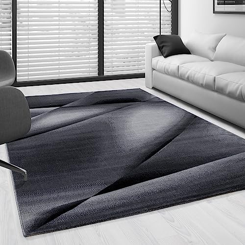 HomebyHome Kurzflor Teppich 240x340 cm, Modern Abstrakt Design in Schwarz Grau, Pflegeleicht, ideal für große Wohnräume, Loftbereiche oder Konferenzzimmer