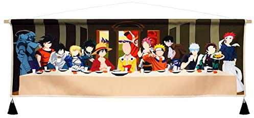 Hanging Poster Canvas Wall Art Painting of Anime Characters Cartoon Role Tapestry Last Supper Layout Scene Wall Tapestry With 2 Tassels And Wooden Hanging Rod Wall Decor Decoration For Room