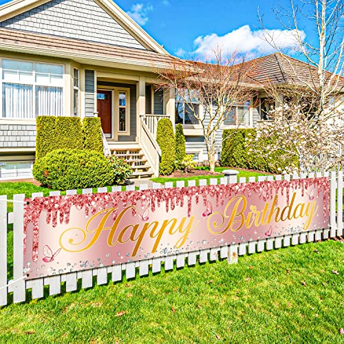 Deko Geburtstag, Happy Birthday Banner Groß, Banner Geburtstag Extra Länger 9.8x1.6 Füße, Draussen Party Deko für Kinder/Teenager/Frau (Rose Gold)