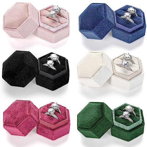 Elsjoy Set von 6 Samt Ring Box, Double Slot Schmuck Ring Geschenk Box Sechseck kleine Samt Ring Fall, Vintage Ring Display Halter mit abnehmbarem Deckel für Hochzeit, Vorschlag, Engagement, 6 Farben