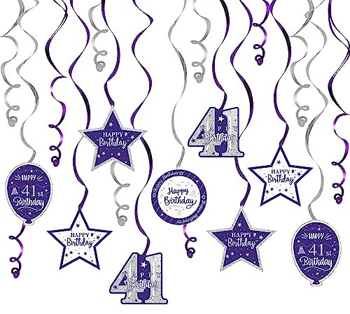 Nelbiirth Party-Dekorationen zum 41. Geburtstag, lila und silberfarbene Glitzer-Wirbel, Luftschlangen, Party-Dekorationen – 15 Stück zum 41. Geburtstag, hängende Wirbel, Luftschlangen, perfekt für 41.