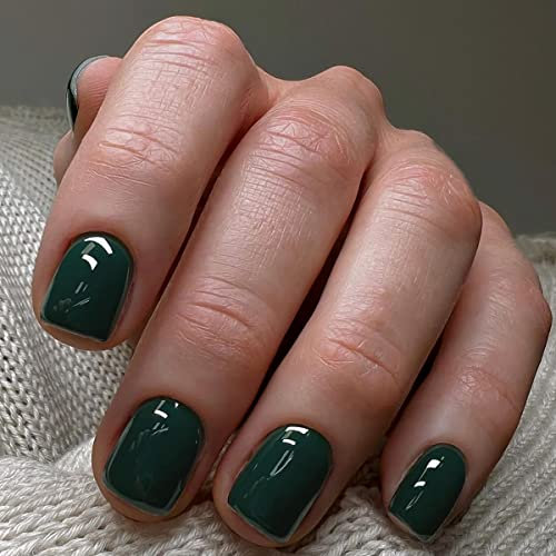 JUSTOTRY 24 Pcs Olive Green Solid Short False Nails Square Pattern,Glossy Press on Nails, Fake Nails Medium,Reusable Squoval Stick on Nail for Women and Teens Nail Art