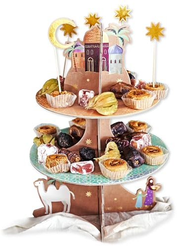 Papierdrachen Kuchen-Etagere für Ramadan - wundervolle Tischdekoration - perfekt für Naschereien zum Zuckerfest - goldfoliert - mit 12 passenden Muffin-Steckern - Set 3