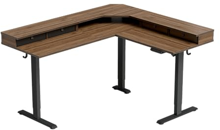 FEZIBO Einzelmotor L-förmiger Elektrischer Stehschreibtisch, 160cm Bürotisch zum Stehe mit 4 Schubladen, Schwarzer Rahmen/Dunkel Walnuss Tischplatte