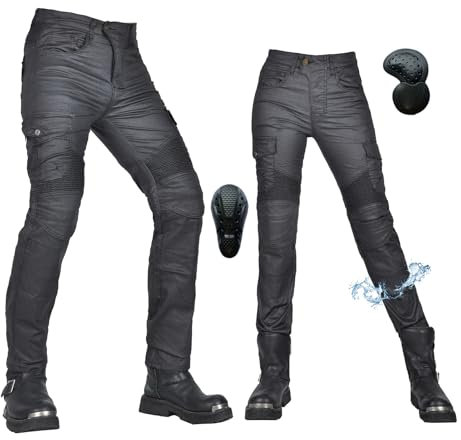 oFzimTo Motorradhose Herren/Damen, wasserdichte Beschichtung Motorrad Jeans mit Protektoren, Winterhose Stretch Motorradbekleidung (Schwarz-B,3XL)
