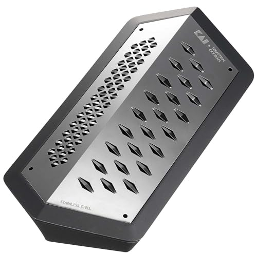 KAI JANUS Râpe, noire en acier inoxydable - dimensions 23,3 x 11 x 5,5 cm avec récipient collecteur - râpe de cuisine universelle avec 2 côtés