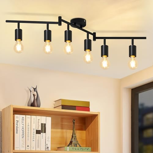 CBJKTX Deckenstrahler Schwarz Deckenleuchte E27 - Vintage Deckenspot 6 Flammig Deckenlampe Schwenkbar 350° Spots Industrial küchenlampe für Flur Küche Wohnzimmer Schlafzimmer (ohne Leuchtmittel)