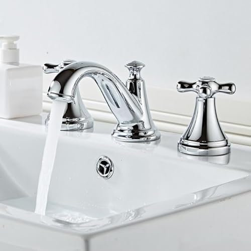 ZYCDP 3 Hole Taps for Bathroom Basin Double Cross Handle Basin Taps Brass Bathroom Basin Tap Cold Hot Water Sink Mixer Taps, Chrome
