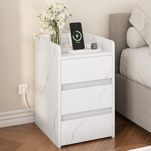YITAHOME Nachttisch mit 3 Schubladen und Netzteil, Nachtkommode mit Ladestation, 2 USB-Anschlüssen und Steckdosen, wasserfester Beistelltisch für Wohnzimmer und Schlafzimmer, 35x40x60cm (Marmorweiß)