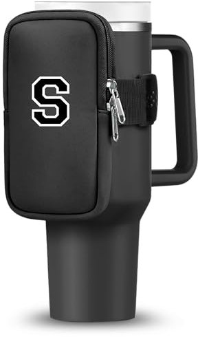 SAMUSAI Initial Water Bottle Carrier Bag for Stanley-Tumbler pouch with Zipper Pocket Travel mug pouch- Personalized A-Z Phone Pocket for Stanley Cup Accessories - Detachable Large Phone Pocket