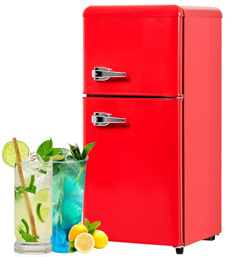 Mini Nevera Retro Mini Nevera De 60 L con Iluminación Interior LED para Habitaciones, Nevera para Bebidas De Dos Puertas Pequeña con Estantes Ajustables, Nevera Interior/Exterior Silenciosa,Red