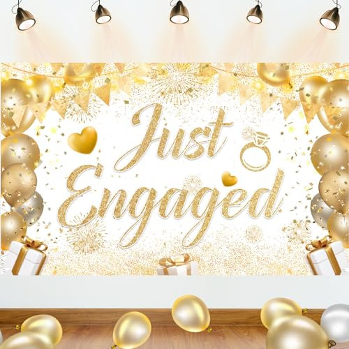 HINGTAI Engaged Party Decorations, White & Gold Engaged Banner Backdrop, Just Married Banner, 110cm x 180cm, Polyester, Gold