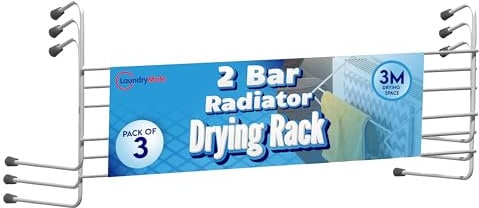 Laundry Mate Radiator Airer 3Pack Radiator Clothes Airer Space-Saving Drying Rack 2-Bar Over Radiator Towel Rail Hanger - 3M Drying Space Ideal for Radiators, Doors and Bathroom(LM-A)