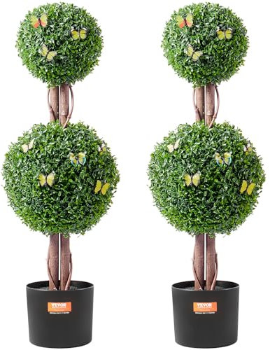 VEVOR Árbol Topiario Artificial de Boj, 2 Piezas, Doble Bola, Planta Artificial con Hojas Adicionales y Maceta y Pequeña Decoración, con Clasificación UV para Decoración del Hogar, 280 x 280 x 900 mm