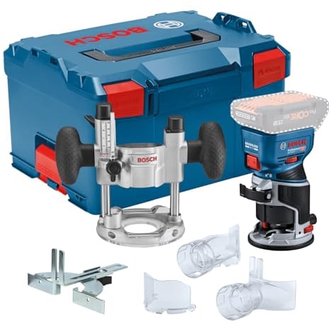 Bosch Professional 18V System Défonceuse portative GKF 18V-8 (butée longit., 2xadapt.aspi.surfaç,écran protection,pince 8mm,clé,base plongeante TE,2x adapt.aspi.base plongeante,L-BOXX,sans batt/charg)