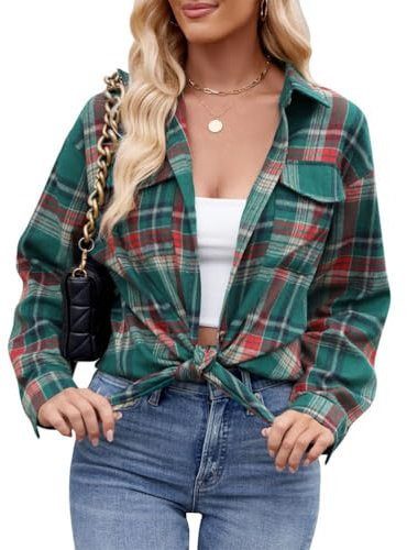 seiveini Chemise à Carreaux Boutonnée pour Femme à Manches Longues Femmes Chemisier Carreaux Classique pour Automne Printemps Femme Chemise Ecossaise Casual Retro C Vert Foncé L