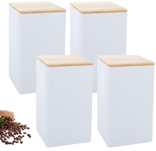 LDXDRU 4 Pack 1L / 35oz White Tea Coffee Sugar Canister, Kitchen Storage Container with Bamboo Lid, Square Metal Canister Storage Jar for Kitchen Food Storage Tea Coffee Sugar - 8.5 x 8.5 x 15cm