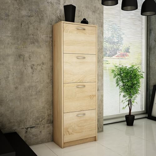 Home Collective Schuhschrank mit 4 aufklappbaren Schubladen Schuhregal mit 4 Fächern weiche abgerundete Kanten 50 cm breit laminierte Platte platzsparende Schuhaufbewahrung - Sonoma