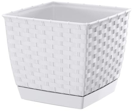 DIKEL Maceta de 25 x 22 cm | Maceta de plástico con aspecto de ratán | Macetas con platillo | Maceta para interior y exterior | Maceta resistente a la intemperie | Color blanco