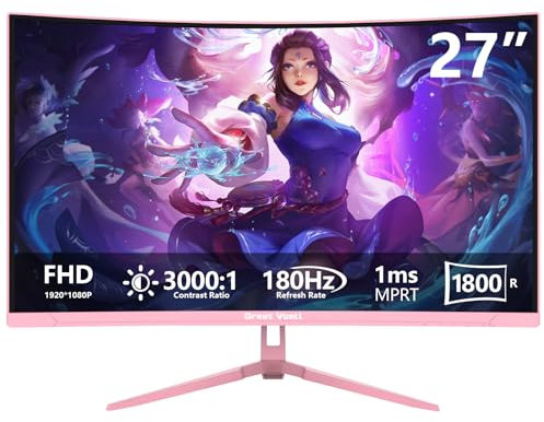 Great voell 27 pollici Rosa Gaming Monitor curvo 1440P (2560 * 1440), 2K, 165HZ, Anti-Blue Light Eye Protection, compatibile VESA-100 * 100mm, inclinabile, con FreeSync, supporto HDR, HDMI+DP, 16:9