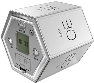 YIWEOG Multi-Sechseck-Würfel-Timer, digitaler Timer mit Schwerkraftsensor und LED-Bildschirm, akustischer Alarm, geräuschloser Betrieb, 1/5/10/25/30/60 Minuten und Selbstanpassung 1–99 Min. für