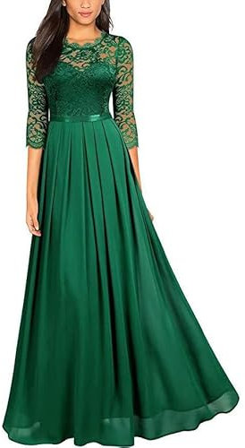 Foweknow Evening Dress Women's Round Neck Lace Dress Long A Line Cocktail Dress Elegant Ball Dress Wedding Dress Pleated Maxi Dresses 3/4 Sleeves Party Dress Hawaiian Casual Dresses, Green, XL