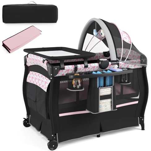 COSTWAY 5 in 1 Reisebett mit Matratze, Beistellbett klappbar mit verstellbaren Vordach, Babybett mit Wickelauflage, Spieluhr & Tragetasche, Kinderreisebett bis 15 kg Belastbar (Rosa Blumen)