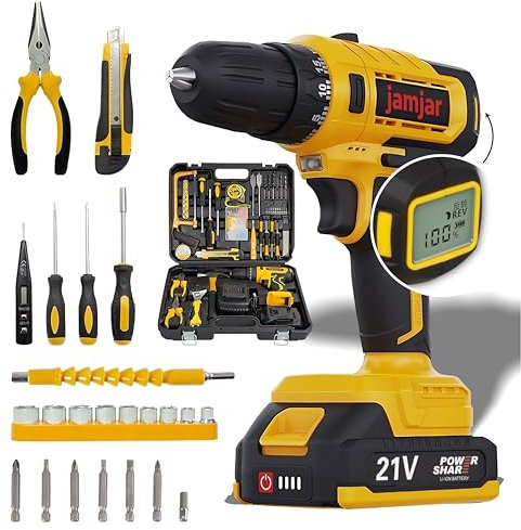 Jamjar 21V Cordless Drill & 86-Piece Tool Kit – 44Nm Torque | 0–1400RPM | 2 Batteries | Hammer, Spanners, Screwdrivers, Wall Plugs & More – DIY Power Tool Set in Case