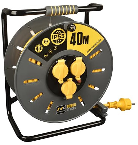 Masterplug Pro-XT Enrollacable 40m, Alargador Enchufe IP55, Extensión Eléctrica 3 Tomas Schuko, Alargo Enchufe Profesional 3x2,5mm2