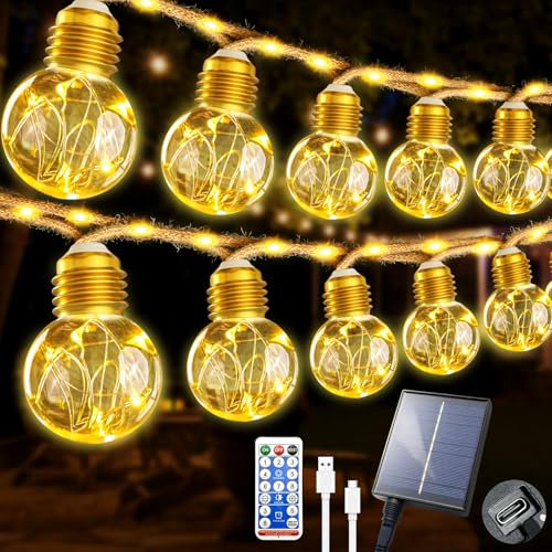 Ciskotu 32.8Ft/10M Solar Lights Outdoor Garden, 160 LEDs Garden Lights Solar Powered Hemp Rope Waterproof with Remote, 15 pcs G40 Bulbs 8 Modes Solar String Lights for Yard Camping Party Decor
