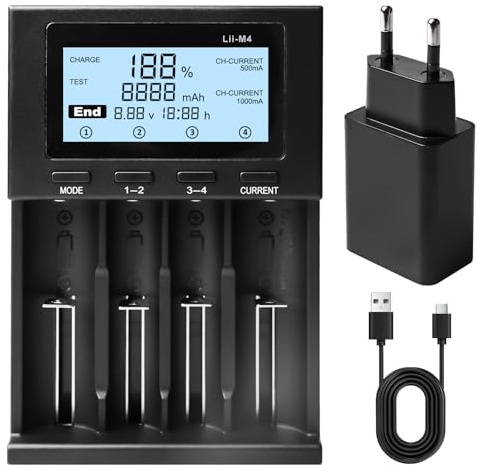 18650 Akku Ladegerät, 4 Fach 18650 Ladegerät Universal mit Ladestecker, Tragbares USB-C LCD-Display Universal Akku Ladegerät für 18650 18350 21700 16340 26650 AA AAA C 3,7V Li-Ion Akkus
