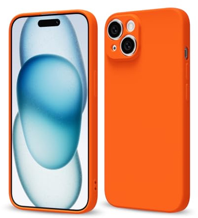 Svaove for iPhone 15 Plus Phone Case Liquid Silicone, Thin Ultra Slim Minimalist Phone Cover, Girly Cute Plain Bright Solid Color Matte Soft Rubber Jelly Gel Plastic TPU Bumper, Neon Orange