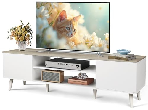 WLIVE TV Unit, TV Stand Cabinet for TV Up to 70 Inch, 160cm TV Cabinet Table with Storage, Wooden TV Console for Living Room, Farmhouse Industrial TV Console for Bedroom, Greige and White