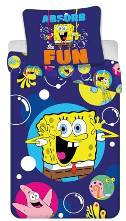 Spongebob Bettwäsche Absorb the Fun 135x200+80x80 – 100% Baumwolle | Wendebettwäsche | Schwammkopf & Patrick | 135x200+80x80 cm | Kinder | Offiziell | BrandMac | Einzelbett