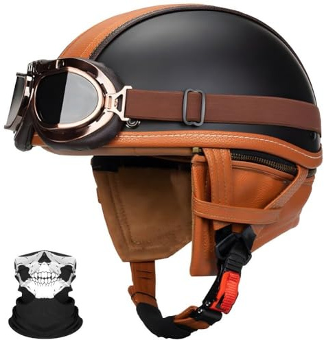 Deutscher Stil Leder Halber Helm für Erwachsener Männer Frauen, ECE-Zulassung, Jahrgang Motorrad Offener Helm mit Mode Schutzbrillen, für Zerhacker Kreuzer Roller Fahrrad(T1,XL/61~62CM)