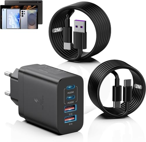 40W USB-C Ladegerät,4 Anschlüsse PD+QC 3.0 Netzteil Multiport Brick Typ C Box mit USBA- und USBC-Kabeln, 2er-Pack Wandstecker Schnellladegerät für iPhone 17/16 Serie, MacBook, iPad, Galaxy
