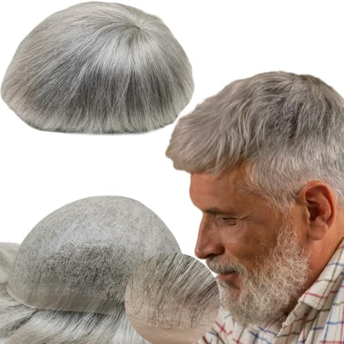 Echthaar Toupet für Männer, YANAHAIR Glattes Haar 0,04mm V-Loop PU Super Dünn Haut Haarsystem Yanaair Europäische Echthaarteile Toupet Echthaar Perücke Mann(10x8,#1B80 schwarz und grau)
