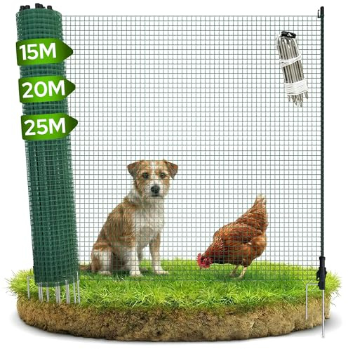 Arebos Valla de jardín móvil 25 m | Valla flexible de 90 cm de altura con 15 postes | Para perros, pollos y animales pequeños | Resistente a la intemperie