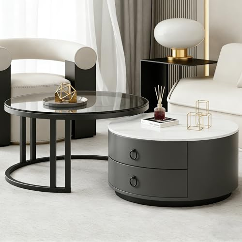 Générique Lot de 2 Tables Basses Gigognes, 2 Simili Cuir Tiroirs, Design Moderne, Pierre Sinterisée & Verre Trempé, Structure en Métal Noir, pour Salle de Réception, Balcon,Circulaire + Gris