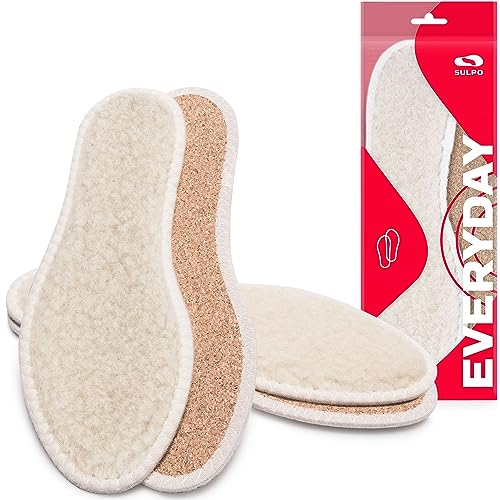 SULPO 2 Paare Lammfell Wolle mit Kork wärmende Einlegesohlen Wintersohle für Schuhe dicke Einlagen gegen kalte Füße thermo Schuheinlagen fuer Arbeitsschuhe Größe 39