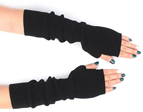 Zeltauto Women’s CASHMERE Blend Knit Arm Warmers Elbow Length Long Fingerless Gloves Mittens with Thumb Hole (Black)