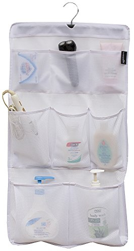 MISSLO 8 Pockets Mesh Shower Caddy Organiser Bathroom Storage Shower Tidy Hanging Pockets Rail with Rotating Hanger Quick Dry Curtain Storage